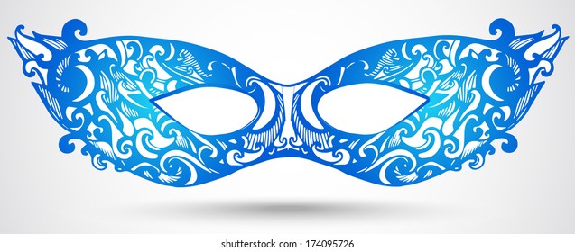 Blue carnival mask for masquerade. Vector illustration for event design.