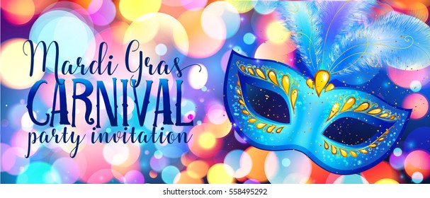 Blue carnival mask on shining bokeh lights, vector Mardi Gras invitation flyer template