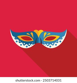 Blue carnival mask with yellow details is lying on a red background