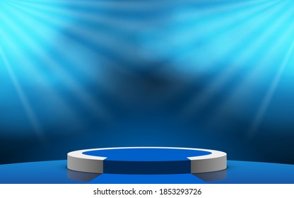 blue carpat on white podium with blue spotlight and smoke in the dark room
