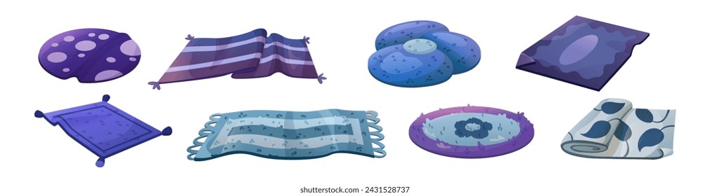 Blue carpet of different shape and size with pattern. Cartoon vector illustration set of cozy round and rectangular fabric cloth rug and mat with tassel and fringed for home floor decoration.