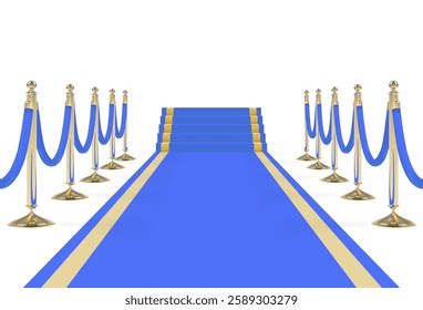 Blue carpet with stairs, podium, ropes and golden stanchions. Vector illustration.