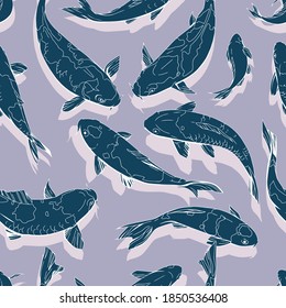 Blue carps koi pattern on a purple background
