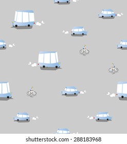 Blue cars, buses and bicycles pattern on the gray background