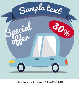 Blue cars sale illustration. Vector illustration isolated on background.