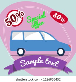 Blue cars sale illustration. Vector illustration isolated on background.