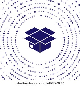 Blue Carton cardboard box icon isolated on white background. Box, package, parcel sign. Delivery and packaging. Abstract circle random dots. Vector Illustration