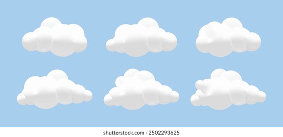 Blue Cartoon 3D Vector Clouds: Soft Fluffy Bubble Clouds for Sky Mockups. Vector.