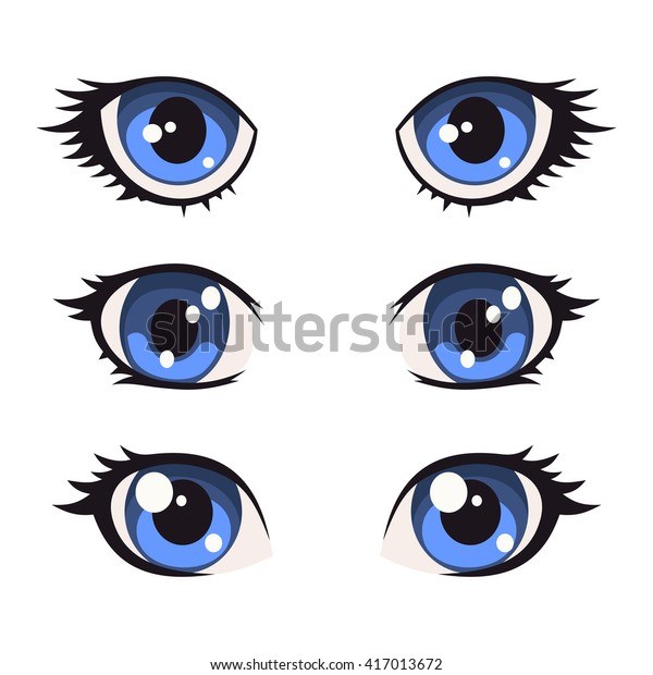Blue Cartoon Anime Eyes Set Vektorgrafik Stock Vektorgrafik