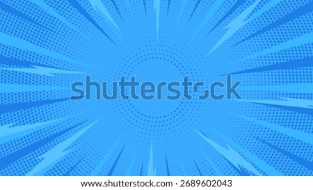 Blue cartoon background with halftone dot pattern and radial flash lines. Comic pop art illustration for superhero themed design.