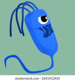 Blue Cartoon Bacteria Character with Tentacles on Green Background