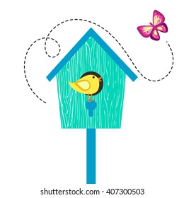 Blue cartoon bird house with birdie on perch and butterfly. Birdhouse isolated on white cute vector illustration.