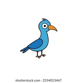 A blue cartoon bird with a yellow beak and eyes. It is standing on a white background