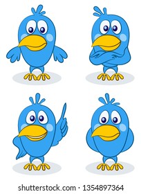 Blue Cartoon Birds, Little Pigeons with Different Emotions. Vector