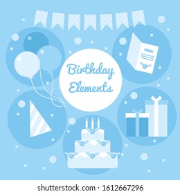 Blue cartoon birthday elements. Decoration objects, garlands, cake, baloons, card, gifts and party hat. Stock flat vector illustration.