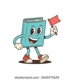 Blue cartoon book mascot joyfully walking forward holding a red flag. Ideal for education campaigns, promotions, and children’s projects. Bright and friendly character vector illustration