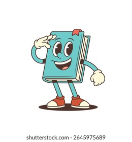 Blue cartoon book mascot saluting with a bright smile and friendly gesture representing respect, greeting, and positive emotions related to education and learning concepts. Vector illustration