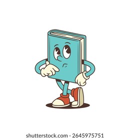 Blue cartoon book mascot standing with thoughtful facial expression, eyes looking upward and hand supporting chin in pondering gesture. Educational and creative concept. Isolated vector illustration