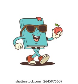 Blue cartoon book mascot wearing black sunglasses and walking with a red apple in hand, radiating fun, joy, and positive educational vibes for children and school concepts. Vector illustration