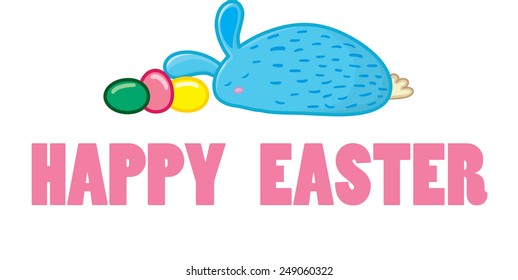 Blue Cartoon Bunny with Easter Eggs Rests Atop a 'Happy Easter' Message Vector