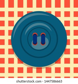 The blue cartoon button is sewn to a red and beige-woven fabric. Cartoon illustration of cloth vector button of blue icon for web