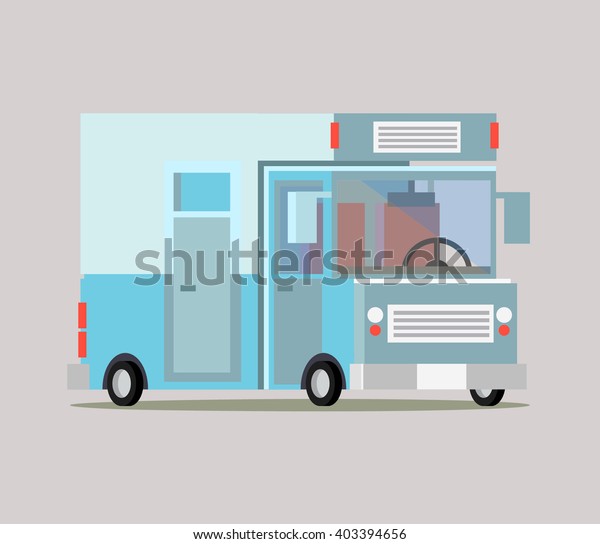 Blue cartoon car. Motor home. Auto. Transport\
facility. House on wheels for family tourist comfort. Vector\
illustration truck.\
