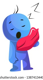 Blue cartoon caracter with a pillow illustration vector on white background