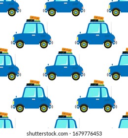 Blue cartoon cars with luggage isolated on white background. Side view. Vector graphic hand drawing. Baby seamless pattern. Texture.