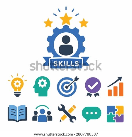 A blue cartoon character with a happy expression surrounded by various colorful skill icons