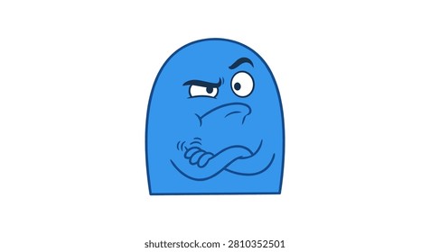 A blue cartoon character with a skeptical face, arms crossed, and raised eyebrow, isolated on a white background