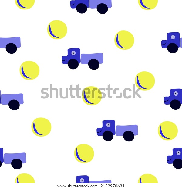 Blue cartoon children\'s cars and yellow balls isolated\
on white background. Kids toys. Hand drawing. Suitable for\
children\'s knitwear, clothing, fabric, wallpaper. vector design eps\
10