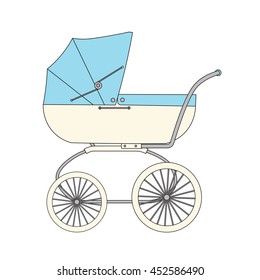 Blue cartoon children's stroller for a newborn baby boy.