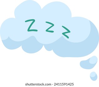 Blue cartoon cloud with green 'Zzz' text representing sleeping or snoring. Sleep concept and dream cloud, rest and relaxation vector illustration.