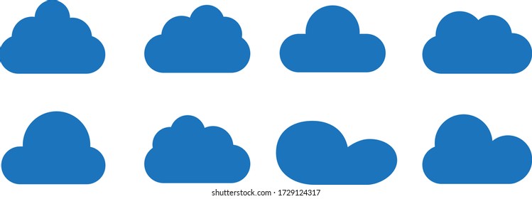 Nubes azules de dibujos animados aisladas sobre fondo blanco. Colección de diferentes nubes para sitio web, plantilla de fondo, fondo de pantalla y diseño de cielo. Concepto moderno creativo. Ilustración vectorial de nubes