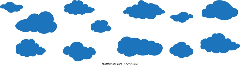 Blue cartoon clouds set isolated on white background. Collection of different clouds for web site, background template, wallpaper and sky design. Creative modern concept. Clouds vector illustration