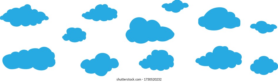 Nubes azules de dibujos animados aisladas sobre fondo blanco. Colección de diferentes nubes para sitio web, plantilla de fondo, fondo de pantalla y diseño de cielo. Concepto moderno creativo. Ilustración vectorial de nubes