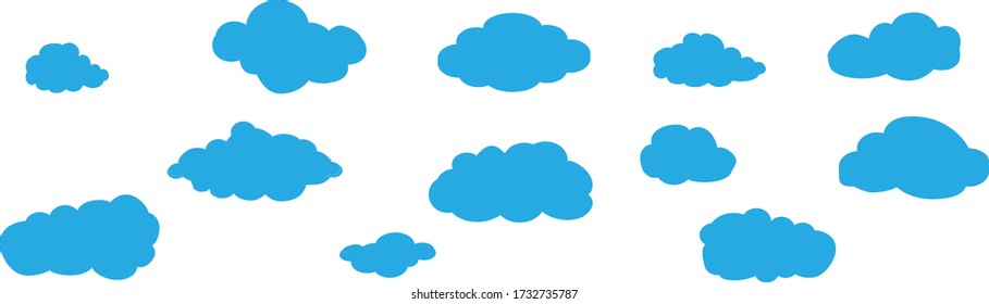 Nubes azules de dibujos animados aisladas sobre fondo blanco. Colección de diferentes nubes para sitio web, plantilla de fondo, fondo de pantalla y diseño de cielo. Concepto moderno creativo. Ilustración vectorial de nubes