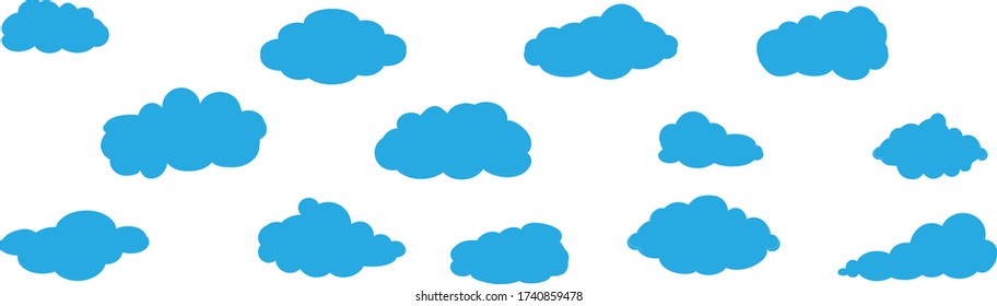 Blue cartoon clouds set isolated on white background. Collection of different clouds for web site, background template, wallpaper and sky design. Creative modern concept. Clouds vector illustration