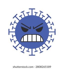 A blue cartoon coronavirus with an angry face and spikes, symbolizing the COVID-19 pandemic with a comedic twist.