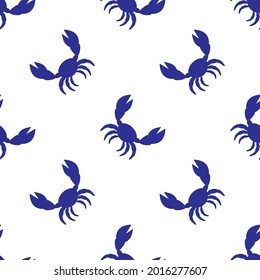 Blue cartoon crab with big claws  on white background seamless pattern vector illustration.