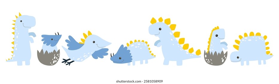 Blue cartoon dinosaur. Dino monster cartoon boy childish vector illustration. Funny art. Ancient animals. Newborn set