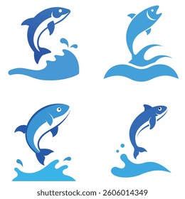 Blue cartoon dolphin jumps through ocean waves