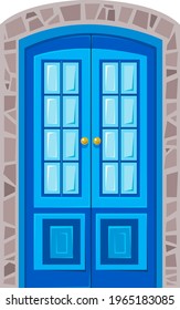 Blue cartoon door with a window framed by stones. Vector illustration in cartoon style. Isolated clipart on white background fun.