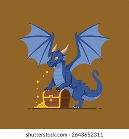 A blue cartoon dragon opens a treasure chest filled with gold on a brown background.