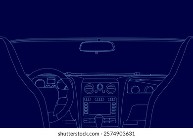 Blue cartoon drawing of a car dashboard with a steering wheel and a radio. Concept of modern technology and sleek design