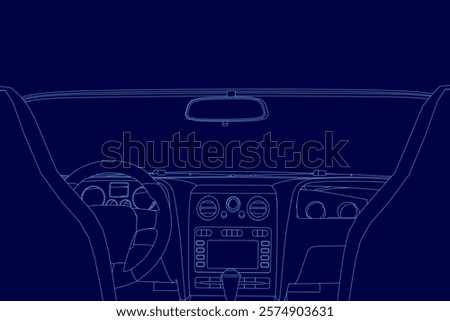 Blue cartoon drawing of a car dashboard with a steering wheel and a radio. Concept of modern technology and sleek design