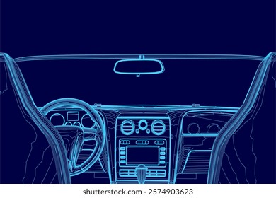 Blue cartoon drawing of a car's interior with a driver's seat and a steering wheel. The car is a luxury vehicle with a large dashboard and a radio. Scene is calm and relaxed