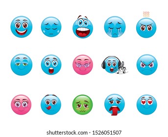 blue cartoon face icon set design, expression cute emoticon character funny and anime theme Vector illustration