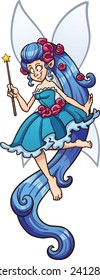 Blue cartoon fairy with magic wand. Vector clip art illustration with simple gradients. Fairy and wings on separate layers.