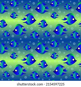 Blue cartoon fish on bright blue background seamless pattern. Vector illustration.